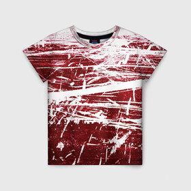 Детская футболка 3D с принтом CRAZY RED в Екатеринбурге, 100% гипоаллергенный полиэфир | прямой крой, круглый вырез горловины, длина до линии бедер, чуть спущенное плечо, ткань немного тянется | Тематика изображения на принте: абстракция | красно белый | красный | пестрый | царапины