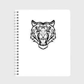 Тетрадь с принтом черно белый тигр в Екатеринбурге, 100% бумага | 48 листов, плотность листов — 60 г/м2, плотность картонной обложки — 250 г/м2. Листы скреплены сбоку удобной пружинной спиралью. Уголки страниц и обложки скругленные. Цвет линий — светло-серый
 | год тигра | новый год | полоски | символ 2022 года | тигр | хищьник