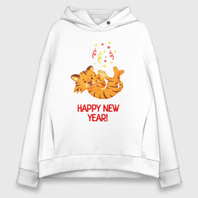 Женское худи Oversize хлопок с принтом Happy New Year Тигренок 2022 в Екатеринбурге, френч-терри — 70% хлопок, 30% полиэстер. Мягкий теплый начес внутри —100% хлопок | боковые карманы, эластичные манжеты и нижняя кромка, капюшон на магнитной кнопке | Тематика изображения на принте: 2022 | год тигра | новый год | новый год 2022 | символ года | тигр | тигренок | тигрица | тигры