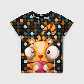 Детская футболка 3D с принтом Крейзи тигр с сердцем в Екатеринбурге, 100% гипоаллергенный полиэфир | прямой крой, круглый вырез горловины, длина до линии бедер, чуть спущенное плечо, ткань немного тянется | 2022 | год тигра | крейзи | кружочки | новый год | сердце | тигр | хищник