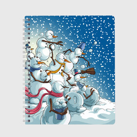 Тетрадь с принтом Боевые снеговики атака в Екатеринбурге, 100% бумага | 48 листов, плотность листов — 60 г/м2, плотность картонной обложки — 250 г/м2. Листы скреплены сбоку удобной пружинной спиралью. Уголки страниц и обложки скругленные. Цвет линий — светло-серый
 | aggressive | angry | attack | christmas | fighting snowmen | new year | snow | snow woman | snowfall | throw snowballs | winter | агрессивные | атака | боевые снеговики | бросают снежки | зима | злые | новый год | рождество | снег | снегопад | снежная баб