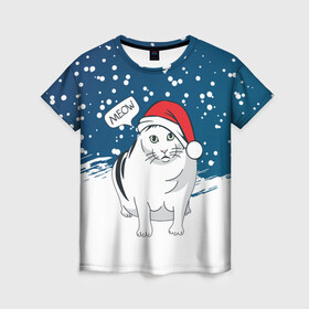 Женская футболка 3D с принтом НОВОГОДНИЙ КОТ БЕНДЕР (МЕМ) в Екатеринбурге, 100% полиэфир ( синтетическое хлопкоподобное полотно) | прямой крой, круглый вырез горловины, длина до линии бедер | 2022 | 22 | bender | cat | christmas | meme | memes | meow | merry | new | snow | winter | year | бендер | год | зима | кот | кошка | мем | мемы | мяй | новый | рождество | снег | толстый