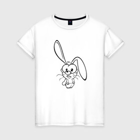 Женская футболка хлопок с принтом Заяц пучеглазый в Екатеринбурге, 100% хлопок | прямой крой, круглый вырез горловины, длина до линии бедер, слегка спущенное плечо | веселье | детские | длинные уши | для девушек | для детей | зайчик | заяц | кролик | мультики | сказка | сказочные | удивление