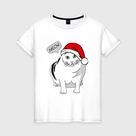 Женская футболка хлопок с принтом НОВОГОДНИЙ КОТ БЕНДЕР МЕМ в Екатеринбурге, 100% хлопок | прямой крой, круглый вырез горловины, длина до линии бедер, слегка спущенное плечо | 2022 | 22 | bender | cat | christmas | meme | memes | meow | merry | new | snow | winter | year | бендер | год | зима | кот | кошка | мем | мемы | мяй | новый | рождество | снег | толстый