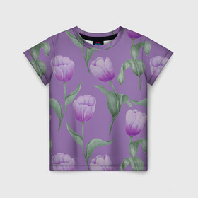 Детская футболка 3D с принтом Фиолетовые тюльпаны с зелеными листьями в Екатеринбурге, 100% гипоаллергенный полиэфир | прямой крой, круглый вырез горловины, длина до линии бедер, чуть спущенное плечо, ткань немного тянется | Тематика изображения на принте: 8 марта | flowers | leaves | nature | tulips | ботаническая иллюстрация | день рождения | зеленый | листья | природа | растения | тюльпаны | фиолетовый | цветы