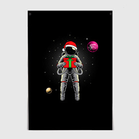Постер с принтом Астронавт с подарком Astronaut and Gift в Екатеринбурге, 100% бумага
 | бумага, плотность 150 мг. Матовая, но за счет высокого коэффициента гладкости имеет небольшой блеск и дает на свету блики, но в отличии от глянцевой бумаги не покрыта лаком | space | астронавт | дед мороз | звезда | космонавт | космос | новый год | планета | подарок | рождество | санта