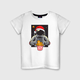 Детская футболка хлопок с принтом Космонавт и Новогоднее печенье Cosmonaut and cookies в Екатеринбурге, 100% хлопок | круглый вырез горловины, полуприлегающий силуэт, длина до линии бедер | Тематика изображения на принте: space | астронавт | дед мороз | звезда | космонавт | космос | новый год | планета | подарок | рождество | санта
