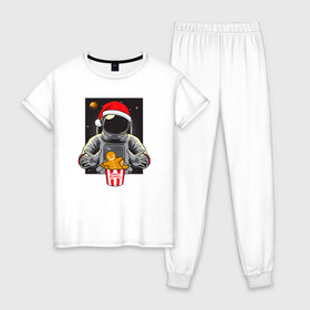 Женская пижама хлопок с принтом Космонавт и Новогоднее печенье Cosmonaut and cookies в Екатеринбурге, 100% хлопок | брюки и футболка прямого кроя, без карманов, на брюках мягкая резинка на поясе и по низу штанин | space | астронавт | дед мороз | звезда | космонавт | космос | новый год | планета | подарок | рождество | санта