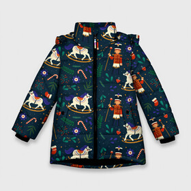 Зимняя куртка для девочек 3D с принтом Рождественский узор. Щелкунчик в Екатеринбурге, ткань верха — 100% полиэстер; подклад — 100% полиэстер, утеплитель — 100% полиэстер. | длина ниже бедра, удлиненная спинка, воротник стойка и отстегивающийся капюшон. Есть боковые карманы с листочкой на кнопках, утяжки по низу изделия и внутренний карман на молнии. 

Предусмотрены светоотражающий принт на спинке, радужный светоотражающий элемент на пуллере молнии и на резинке для утяжки. | Тематика изображения на принте: ламповый свитер | новогодний узор | новый год | паттерн | рождественский свитер | рождество | щелкунчик