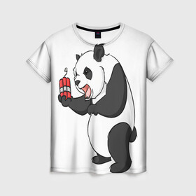 Женская футболка 3D с принтом Взрывная панда в Екатеринбурге, 100% полиэфир ( синтетическое хлопкоподобное полотно) | прямой крой, круглый вырез горловины, длина до линии бедер | bomb | dinamit | panda | бомба | динамит | животное | панда