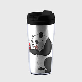 Термокружка-непроливайка с принтом Взрывная панда в Екатеринбурге, внутренняя часть — пищевой пластик, наружная часть — прозрачный пластик, между ними — полиграфическая вставка с рисунком | объем — 350 мл, герметичная крышка | bomb | dinamit | panda | бомба | динамит | животное | панда