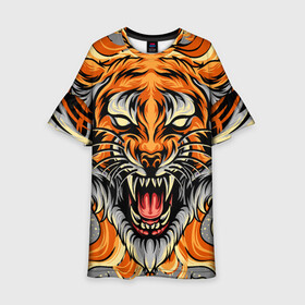 Детское платье 3D с принтом Символ года тигр в гневе в Екатеринбурге, 100% полиэстер | прямой силуэт, чуть расширенный к низу. Круглая горловина, на рукавах — воланы | 2022 | большая кошка | животное | новый год | символ года | тигр | хищник