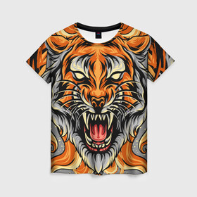 Женская футболка 3D с принтом Символ года тигр в гневе в Екатеринбурге, 100% полиэфир ( синтетическое хлопкоподобное полотно) | прямой крой, круглый вырез горловины, длина до линии бедер | 2022 | большая кошка | животное | новый год | символ года | тигр | хищник