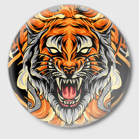 Значок с принтом Символ года тигр в гневе в Екатеринбурге,  металл | круглая форма, металлическая застежка в виде булавки | 2022 | большая кошка | животное | новый год | символ года | тигр | хищник