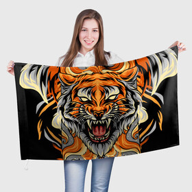 Флаг 3D с принтом Символ года тигр в гневе в Екатеринбурге, 100% полиэстер | плотность ткани — 95 г/м2, размер — 67 х 109 см. Принт наносится с одной стороны | 2022 | большая кошка | животное | новый год | символ года | тигр | хищник