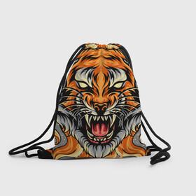 Рюкзак-мешок 3D с принтом Символ года тигр в гневе в Екатеринбурге, 100% полиэстер | плотность ткани — 200 г/м2, размер — 35 х 45 см; лямки — толстые шнурки, застежка на шнуровке, без карманов и подкладки | 2022 | большая кошка | животное | новый год | символ года | тигр | хищник