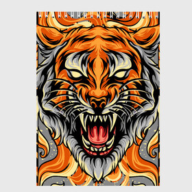 Скетчбук с принтом Символ года тигр в гневе в Екатеринбурге, 100% бумага
 | 48 листов, плотность листов — 100 г/м2, плотность картонной обложки — 250 г/м2. Листы скреплены сверху удобной пружинной спиралью | 2022 | большая кошка | животное | новый год | символ года | тигр | хищник