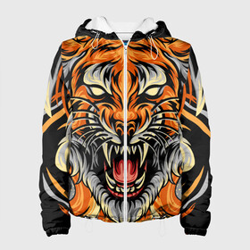 Женская куртка 3D с принтом Символ года тигр в гневе в Екатеринбурге, ткань верха — 100% полиэстер, подклад — флис | прямой крой, подол и капюшон оформлены резинкой с фиксаторами, два кармана без застежек по бокам, один большой потайной карман на груди. Карман на груди застегивается на липучку | 2022 | большая кошка | животное | новый год | символ года | тигр | хищник