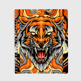 Тетрадь с принтом Символ года тигр в гневе в Екатеринбурге, 100% бумага | 48 листов, плотность листов — 60 г/м2, плотность картонной обложки — 250 г/м2. Листы скреплены сбоку удобной пружинной спиралью. Уголки страниц и обложки скругленные. Цвет линий — светло-серый
 | 2022 | большая кошка | животное | новый год | символ года | тигр | хищник