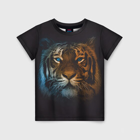 Детская футболка 3D с принтом Тигр с голубыми глазами в Екатеринбурге, 100% гипоаллергенный полиэфир | прямой крой, круглый вырез горловины, длина до линии бедер, чуть спущенное плечо, ткань немного тянется | tiger | животное | символ года | тигр | хищник