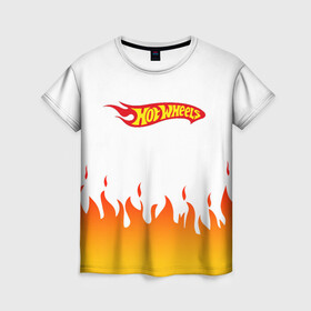 Женская футболка 3D с принтом Hot Wheels | Logo | Fire в Екатеринбурге, 100% полиэфир ( синтетическое хлопкоподобное полотно) | прямой крой, круглый вырез горловины, длина до линии бедер | auto | bone shaker | fire | hot wheels | logo | mattel | rd02 | twin mill | авто | автомобиль | ам | горячие колёса | лого | логотип | огненная | огонь | хот велс | эмблема