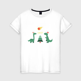 Женская футболка хлопок с принтом динозаврики и елка в Екатеринбурге, 100% хлопок | прямой крой, круглый вырез горловины, длина до линии бедер, слегка спущенное плечо | дед мороз | динозавр | ёлка | зима | игрушки | новый год | снегурка
