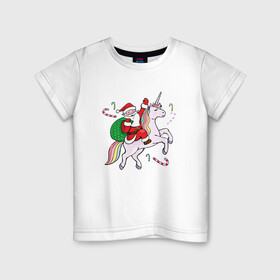 Детская футболка хлопок с принтом дед мороз на единороге 2022 в Екатеринбурге, 100% хлопок | круглый вырез горловины, полуприлегающий силуэт, длина до линии бедер | 2022 | дед мороз | единорог | елка | ёлки | клаус | новогодний | новый год | санта | снегурочка