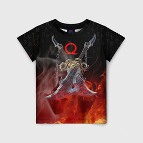 Детская футболка 3D с принтом МЕЧИ КРАТОСА, БОГ ВОЙНЫ в Екатеринбурге, 100% гипоаллергенный полиэфир | прямой крой, круглый вырез горловины, длина до линии бедер, чуть спущенное плечо, ткань немного тянется | ascension | betrayal | chains of olympus | cratos | fire | flame | ghost of sparta | god of war | hack and slash | kratos | logo | ragnarok | rune | бог войны | год ов вар | год оф вар | игра | иероглифы | кратос | лого | логотип | огонь | пламя | рагнарё