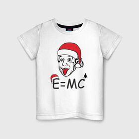 Детская футболка хлопок с принтом Новогодний Эйнштейн в Екатеринбурге, 100% хлопок | круглый вырез горловины, полуприлегающий силуэт, длина до линии бедер | альберт эйнштейн | елка | ель | новогодний колпак | новогодний эйнштейн | новый год | прикол | рождество | формула | формула относительности | язык