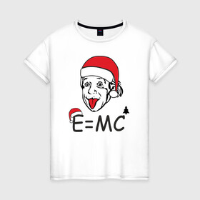 Женская футболка хлопок с принтом Новогодний Эйнштейн в Екатеринбурге, 100% хлопок | прямой крой, круглый вырез горловины, длина до линии бедер, слегка спущенное плечо | альберт эйнштейн | елка | ель | новогодний колпак | новогодний эйнштейн | новый год | прикол | рождество | формула | формула относительности | язык