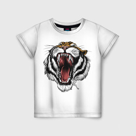 Детская футболка 3D с принтом рык в Екатеринбурге, 100% гипоаллергенный полиэфир | прямой крой, круглый вырез горловины, длина до линии бедер, чуть спущенное плечо, ткань немного тянется | зверь | новый год | оскал | подарок | символ года | тигр | хищник