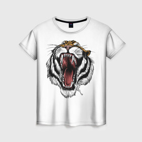 Женская футболка 3D с принтом рык в Екатеринбурге, 100% полиэфир ( синтетическое хлопкоподобное полотно) | прямой крой, круглый вырез горловины, длина до линии бедер | зверь | новый год | оскал | подарок | символ года | тигр | хищник
