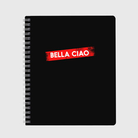 Тетрадь с принтом BELLA CIAO (БУМАЖНЫЙ ДОМ) в Екатеринбурге, 100% бумага | 48 листов, плотность листов — 60 г/м2, плотность картонной обложки — 250 г/м2. Листы скреплены сбоку удобной пружинной спиралью. Уголки страниц и обложки скругленные. Цвет линий — светло-серый
 | Тематика изображения на принте: bella | bells | casa | ciao | de | el | jingle | la | moscow | netflix | papel | professor | resistencia | tokio | viva | бумажный | дом | профессор