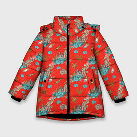 Зимняя куртка для девочек 3D с принтом Морские коньки паттерн в Екатеринбурге, ткань верха — 100% полиэстер; подклад — 100% полиэстер, утеплитель — 100% полиэстер. | длина ниже бедра, удлиненная спинка, воротник стойка и отстегивающийся капюшон. Есть боковые карманы с листочкой на кнопках, утяжки по низу изделия и внутренний карман на молнии. 

Предусмотрены светоотражающий принт на спинке, радужный светоотражающий элемент на пуллере молнии и на резинке для утяжки. | конек | коньки | море | морские коньки | океан