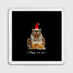 Магнит 55*55 с принтом Новогодний тигр.. в Екатеринбурге, Пластик | Размер: 65*65 мм; Размер печати: 55*55 мм | Тематика изображения на принте: happy new year | в топе | в тренде | год тигра | новый год | подарок | подарок на новый год | популярное | с новым годом | тигр