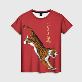 Женская футболка 3D с принтом Тигр идёт! в Екатеринбурге, 100% полиэфир ( синтетическое хлопкоподобное полотно) | прямой крой, круглый вырез горловины, длина до линии бедер | год тигра | иероглиф | китайский иероглиф | китайский новый год | новый год | тигр