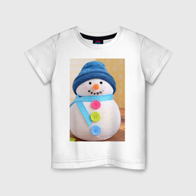 Детская футболка хлопок с принтом Счастливый снеговичок в Екатеринбурге, 100% хлопок | круглый вырез горловины, полуприлегающий силуэт, длина до линии бедер | детство | зима 2022 | новый год | праздник | радость | снеговик | счастье