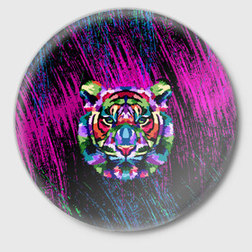 Значок с принтом Тигр Красочный 2022 в Екатеринбурге,  металл | круглая форма, металлическая застежка в виде булавки | арт | брызги | голова | грива | кляксы | кошка | краски | неон | тигр | царапины | шерсть