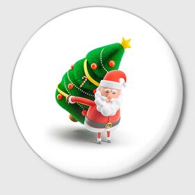 Значок с принтом Дед мороз с елкой в Екатеринбурге,  металл | круглая форма, металлическая застежка в виде булавки | Тематика изображения на принте: веселый дед мороз | дед мороз | елка | новый год | санта клаус