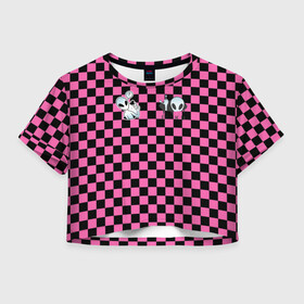 Женская футболка Crop-top 3D с принтом Инопланетянин в черно розовую клетку в Екатеринбурге, 100% полиэстер | круглая горловина, длина футболки до линии талии, рукава с отворотами | егор | егор шип | инопланетянин | клетка | любимый трек | розовый | черно розовая | черный | шип