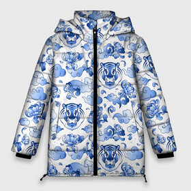 Женская зимняя куртка Oversize с принтом Гжель Тигр и узоры в Екатеринбурге, верх — 100% полиэстер; подкладка — 100% полиэстер; утеплитель — 100% полиэстер | длина ниже бедра, силуэт Оверсайз. Есть воротник-стойка, отстегивающийся капюшон и ветрозащитная планка. 

Боковые карманы с листочкой на кнопках и внутренний карман на молнии | 2022 | год тигра | новый год | новый год 2022 | символ года | тигр | тигренок | тигрица | тигры