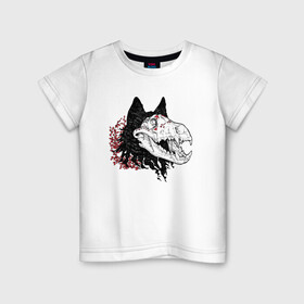 Детская футболка хлопок с принтом Fashionable avant garde wolf в Екатеринбурге, 100% хлопок | круглый вырез горловины, полуприлегающий силуэт, длина до линии бедер | Тематика изображения на принте: bones | fangs | fashion | flowers | hype | jaw | skull | teeth | vanguard | wolf | авангард | волк | зубы | клыки | мода | пасть | хайп | цветы | череп