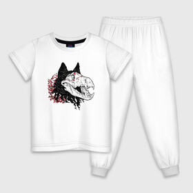 Детская пижама хлопок с принтом Fashionable avant garde wolf в Екатеринбурге, 100% хлопок |  брюки и футболка прямого кроя, без карманов, на брюках мягкая резинка на поясе и по низу штанин
 | bones | fangs | fashion | flowers | hype | jaw | skull | teeth | vanguard | wolf | авангард | волк | зубы | клыки | мода | пасть | хайп | цветы | череп