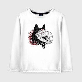 Детский лонгслив хлопок с принтом Fashionable avant garde wolf в Екатеринбурге, 100% хлопок | круглый вырез горловины, полуприлегающий силуэт, длина до линии бедер | bones | fangs | fashion | flowers | hype | jaw | skull | teeth | vanguard | wolf | авангард | волк | зубы | клыки | мода | пасть | хайп | цветы | череп