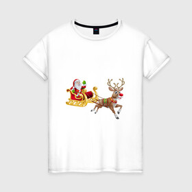 Женская футболка хлопок с принтом Рождество Санта Клаус и санки в Екатеринбурге, 100% хлопок | прямой крой, круглый вырез горловины, длина до линии бедер, слегка спущенное плечо | новыйгод | олени | рождество | санки | сантаклаус
