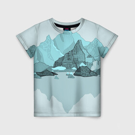 Детская футболка 3D с принтом Голубой горный пейзаж с темно-серыми тенями в Екатеринбурге, 100% гипоаллергенный полиэфир | прямой крой, круглый вырез горловины, длина до линии бедер, чуть спущенное плечо, ткань немного тянется | голубые горы | горный | горный массив | горный пейзаж | горы | горы в снегу | для сноуборда | для туристов | заснеженные горы | зимние горы | зимний | лыжный | снежные горы | сноуборд