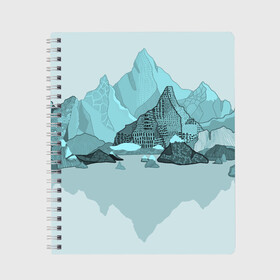 Тетрадь с принтом Голубой горный пейзаж с темно-серыми тенями в Екатеринбурге, 100% бумага | 48 листов, плотность листов — 60 г/м2, плотность картонной обложки — 250 г/м2. Листы скреплены сбоку удобной пружинной спиралью. Уголки страниц и обложки скругленные. Цвет линий — светло-серый
 | Тематика изображения на принте: голубые горы | горный | горный массив | горный пейзаж | горы | горы в снегу | для сноуборда | для туристов | заснеженные горы | зимние горы | зимний | лыжный | снежные горы | сноуборд