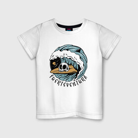 Детская футболка хлопок с принтом Fuerteventura   surfing в Екатеринбурге, 100% хлопок | круглый вырез горловины, полуприлегающий силуэт, длина до линии бедер | Тематика изображения на принте: fin | furteventura | hype | shark | skull | summer | surfing | wave | акула | волна | лето | плавник | сёрфинг | фуэртевентура | хайп | череп