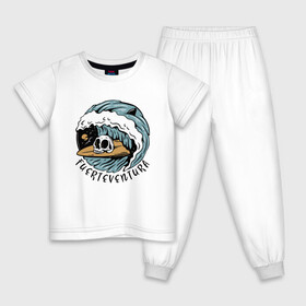 Детская пижама хлопок с принтом Fuerteventura - surfing в Екатеринбурге, 100% хлопок |  брюки и футболка прямого кроя, без карманов, на брюках мягкая резинка на поясе и по низу штанин
 | Тематика изображения на принте: fin | furteventura | hype | shark | skull | summer | surfing | wave | акула | волна | лето | плавник | сёрфинг | фуэртевентура | хайп | череп