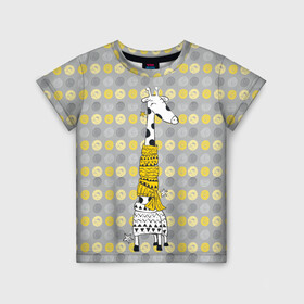 Детская футболка 3D с принтом Милая жирафа в шарфе в Екатеринбурге, 100% гипоаллергенный полиэфир | прямой крой, круглый вырез горловины, длина до линии бедер, чуть спущенное плечо, ткань немного тянется | Тематика изображения на принте: высокий | графика | длинная шея | животное | жираф | кружочки